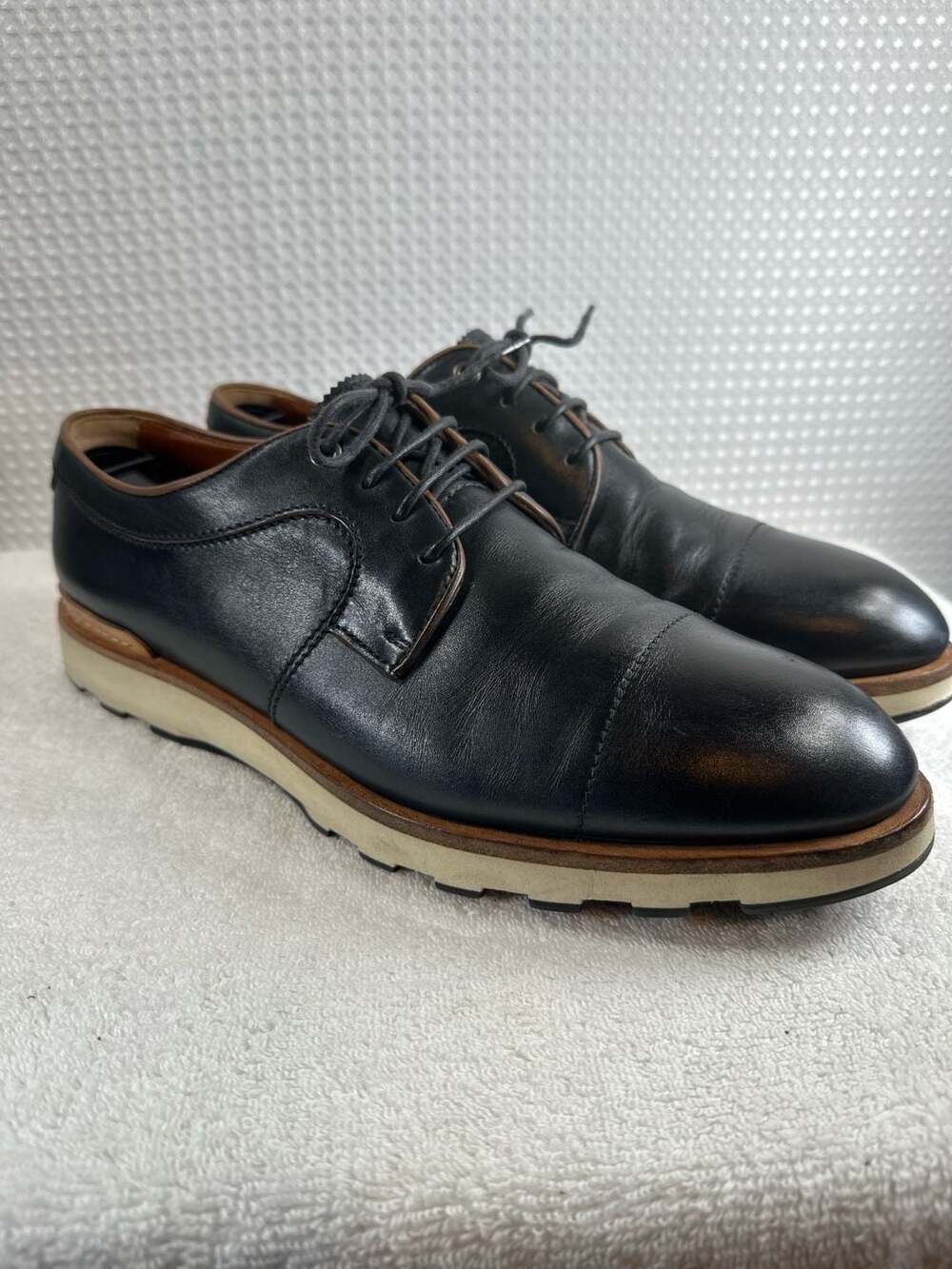 Ermenegildo Zegna Black Leather Cap Toe Derby Shoes Size US 10.5
